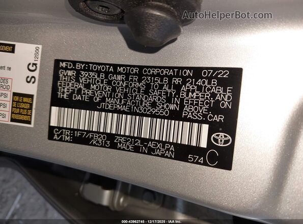 JTDEPMAE1N3029550 2022 TOYOTA LL Silver Vista del compartimento del motor