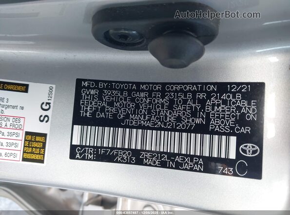 JTDEPMAE2NJ212077 2022 TOYOTA LL Silver 