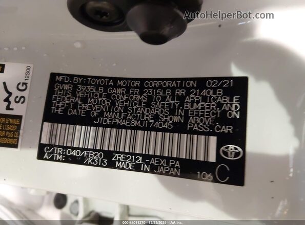 JTDEPMAE8MJ174045 2021 TOYOTA LL White Engine compartment view