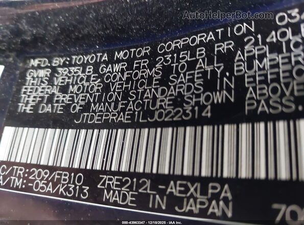 JTDEPRAE1LJ022314 2020 TOYOTA LL Black Вид підкапотного простору