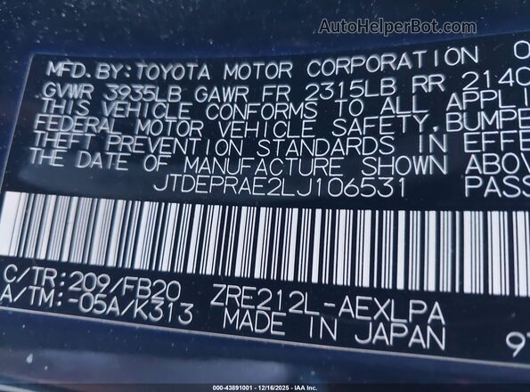JTDEPRAE2LJ106531 2020 TOYOTA LL Black ძრავის განყოფილების ხედი