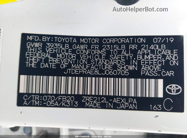 JTDEPRAE8LJ060705 2020 TOYOTA LL White Engine compartment view