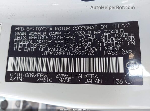 JTDKAMFP1N3227463 2022 TOYOTA LE White Вид підкапотного простору