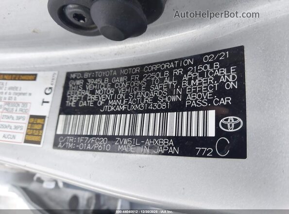 JTDKAMFUXM3143081 2021 TOYOTA PRIUS Silver ძრავის განყოფილების ხედი