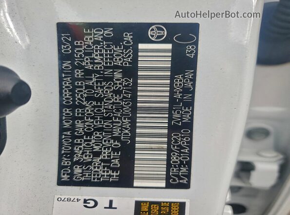 JTDKAMFUXM3147132 2021 TOYOTA PRIUS White Widok komory silnika