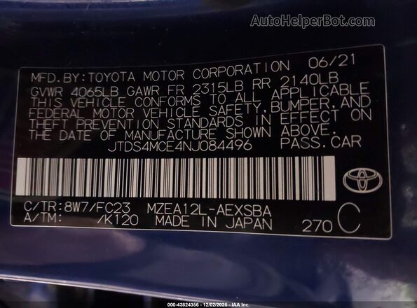 JTDS4MCE4NJ084496 2022 TOYOTA LL Blue Vista del compartimento del motor