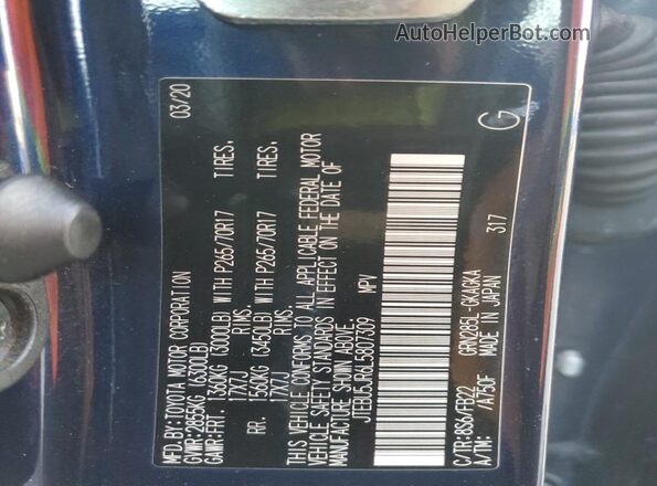 JTEBU5JR6L5807309 2020 TOYOTA 4RUNNER Blue VIN sticker view