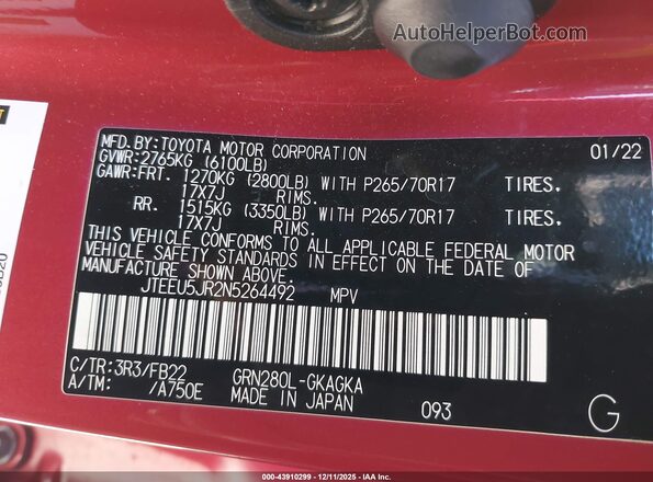JTEEU5JR2N5264492 2022 TOYOTA 4RUNNER Red ძრავის განყოფილების ხედი