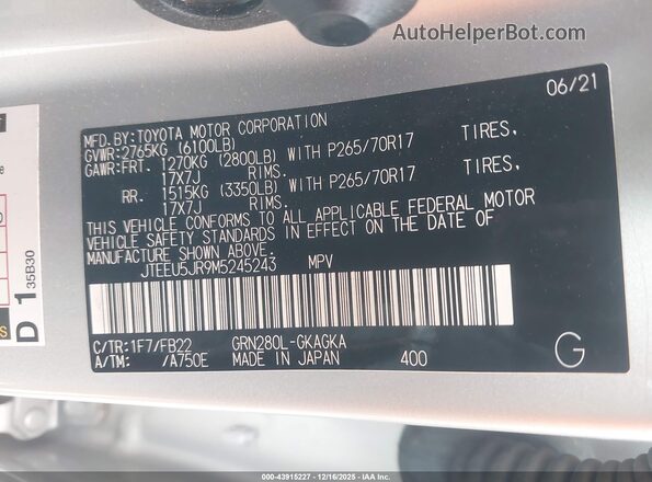 JTEEU5JR9M5245243 2021 TOYOTA 4RUNNER Silver 