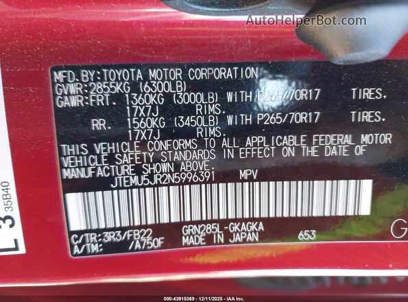 JTEMU5JR2N5996391 2022 TOYOTA LIMITED Red Вид підкапотного простору