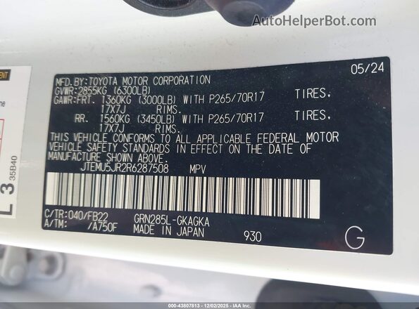 JTEMU5JR2R6287508 2024 TOYOTA 4RUNNER White Widok komory silnika