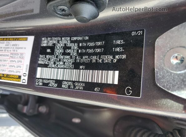 JTEMU5JR6M5902253 2021 TOYOTA 4RUNNER Gray Vista de la etiqueta del VIN