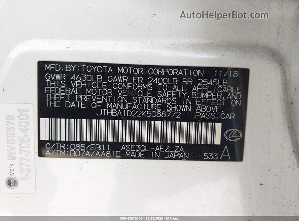 JTHBA1D22K5088772 2019 LEXUS IS 300 White ძრავის განყოფილების ხედი