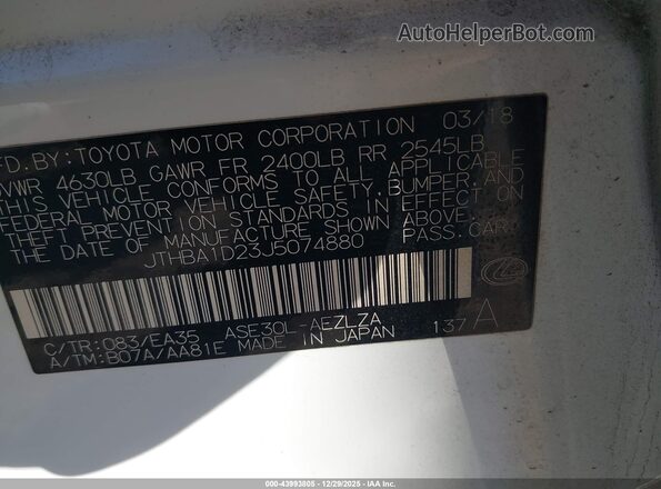 JTHBA1D23J5074880 2018 LEXUS IS 300 Белый Вид подкапотного пространства