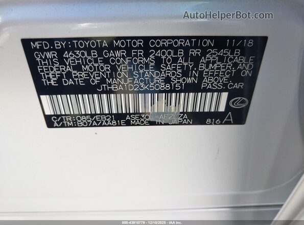 JTHBA1D23K5088151 2019 LEXUS IS 300 White Շարժիչի բաժամունքի տեսք