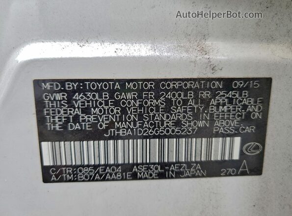 JTHBA1D26G5005237 2016 LEXUS IS White VIN კოდის სტიკერის ხედი