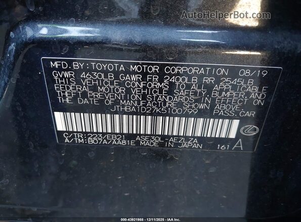 JTHBA1D27K5100799 2019 LEXUS IS 300 Black Widok komory silnika