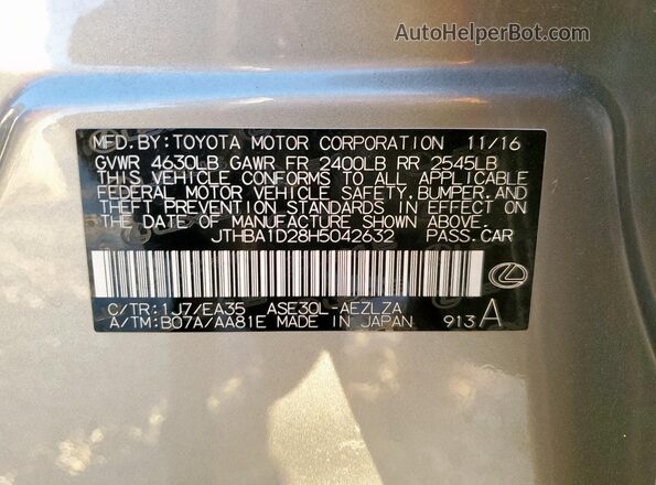 JTHBA1D28H5042632 2017 LEXUS IS Gray VIN sticker view
