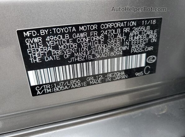 JTHBZ1BL3KA018094 2019 LEXUS GS Silver Vista de la etiqueta del VIN