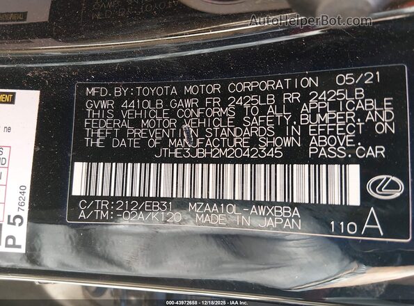JTHE3JBH2M2042345 2021 LEXUS UX 200 Black Вид підкапотного простору