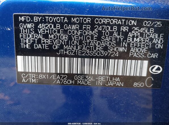 JTHGZ1E23S5039724 2025 LEXUS IS 350 Blue Vista del compartimento del motor