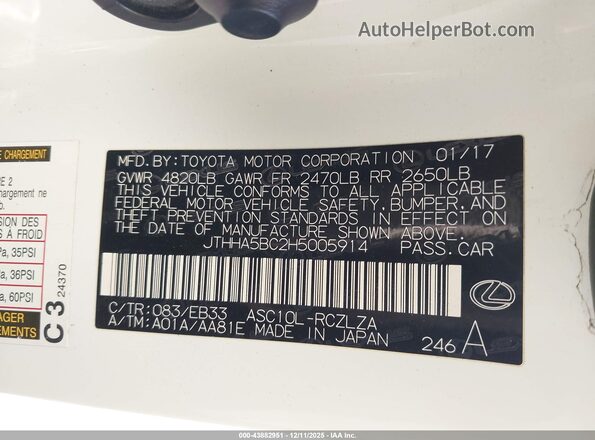 JTHHA5BC2H5005914 2017 LEXUS RC 200T White Շարժիչի բաժամունքի տեսք