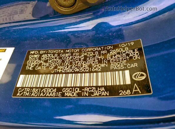 JTHHZ5BC9K5021642 2019 LEXUS RC Blue Vista de la etiqueta del VIN