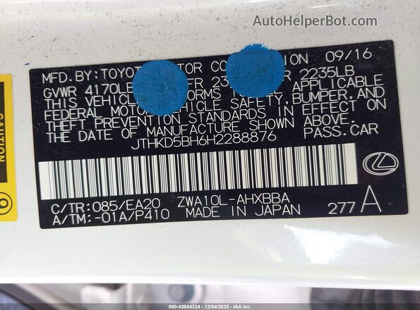 JTHKD5BH6H2288876 2017 LEXUS CT 200H White 