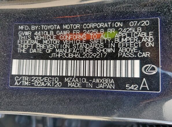 JTHP3JBH6L2029217 2020 LEXUS UX Black VIN კოდის სტიკერის ხედი