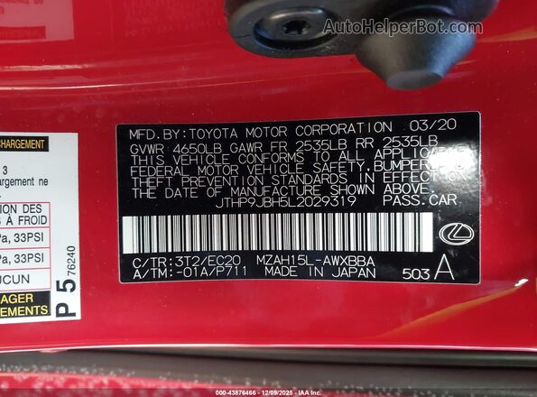JTHP9JBH5L2029319 2020 LEXUS UX 250H Красный Вид подкапотного пространства