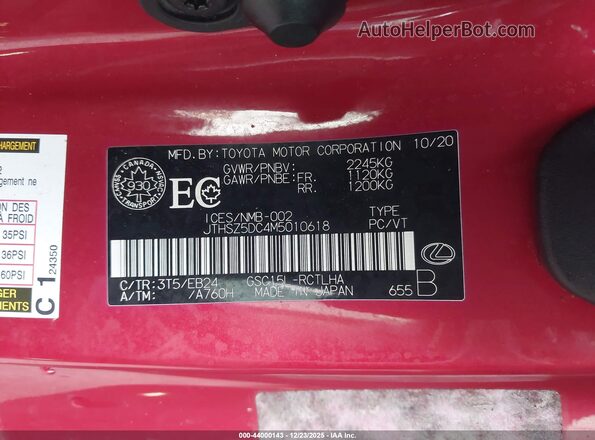 JTHSZ5DC4M5010618 2021 LEXUS RC 350 Red 