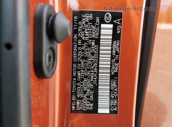 JTHU9JBH3K2000533 2019 LEXUS UX Orange VIN კოდის სტიკერის ხედი