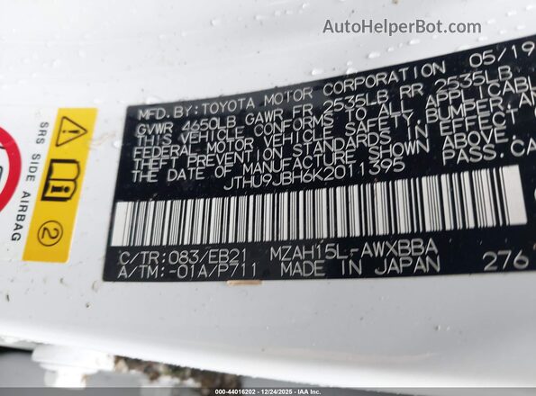 JTHU9JBH6K2011395 2019 LEXUS UX 250H White Engine compartment view