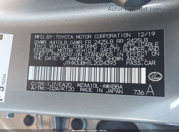 JTHX3JBH1L2024393 2020 LEXUS UX 200 Silver Շարժիչի բաժամունքի տեսք