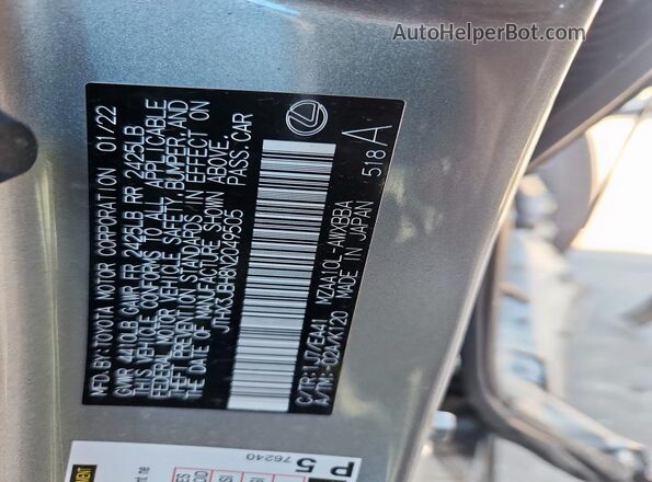 JTHX3JBH8N2049505 2022 LEXUS UX Silver VIN կոդի պիտակի տեսք