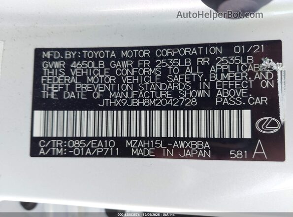 JTHX9JBH8M2042728 2021 LEXUS UX 250H White Vista del compartimento del motor