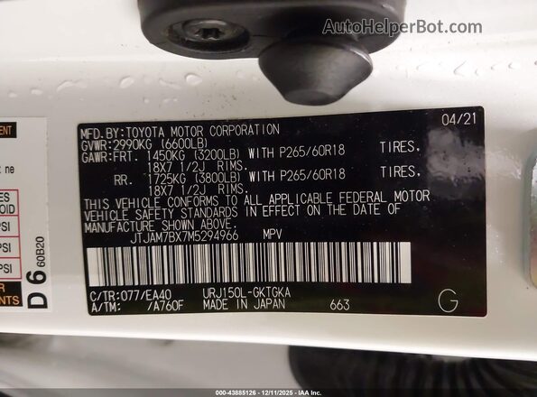 JTJAM7BX7M5294966 2021 LEXUS GX 460 White Widok komory silnika