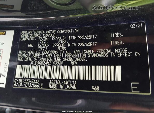 JTJDARBZ4M2193839 2021 LEXUS NX 300 Black Вид підкапотного простору