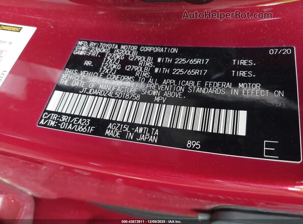 JTJDARDZ4L5018758 2020 LEXUS NX 300 Красный Вид подкапотного пространства