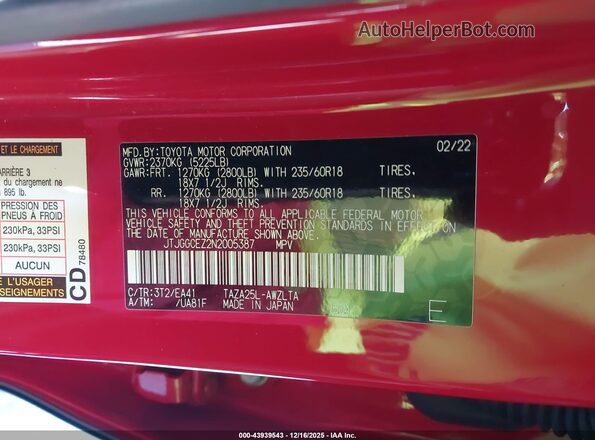JTJGGCEZ2N2005387 2022 LEXUS NX 350 Red ძრავის განყოფილების ხედი