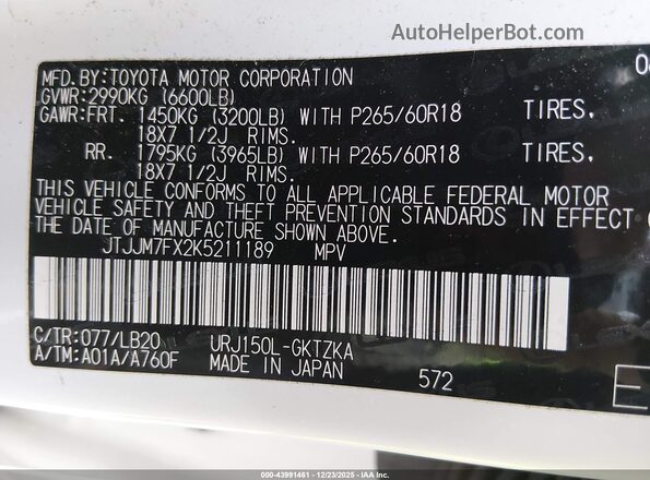 JTJJM7FX2K5211189 2019 LEXUS GX 460 White 