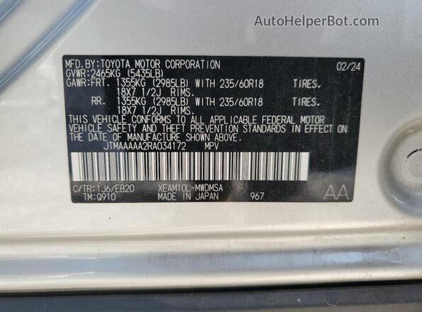 JTMAAAAA2RA034172 2024 TOYOTA LE Gray VIN sticker view