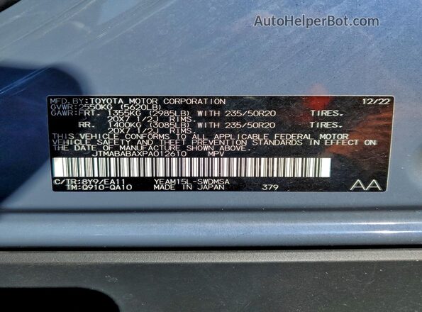 JTMABABAXPA012610 2023 TOYOTA BZ4X Blue Vista de la etiqueta del VIN