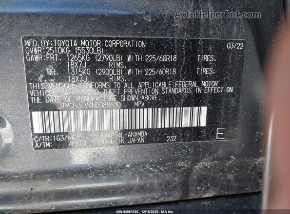 JTMCB3FV4ND088630 2022 TOYOTA RAV4 PRIME Gray Вид підкапотного простору