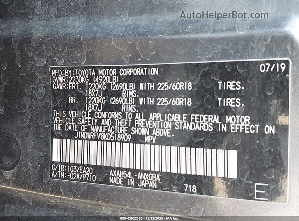 JTMDWRFV8KD518909 2019 TOYOTA LIMITED Gray ძრავის განყოფილების ხედი