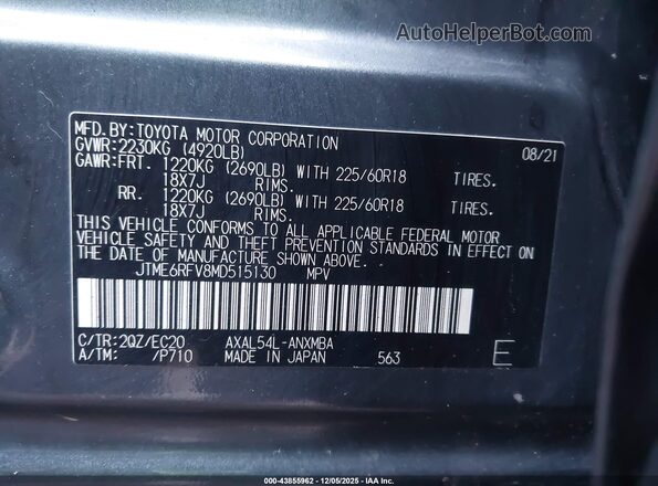 JTME6RFV8MD515130 2021 TOYOTA RAV4 HYBRID Gray Widok komory silnika