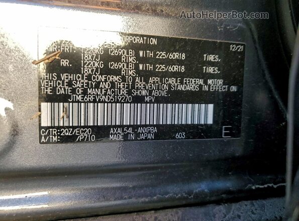 JTME6RFV9ND519270 2022 TOYOTA RAV4 Gray Widok naklejki z numerem VIN