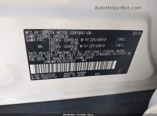JTMEWRFV5LD541053 2020 TOYOTA RAV4 HYBRID White 