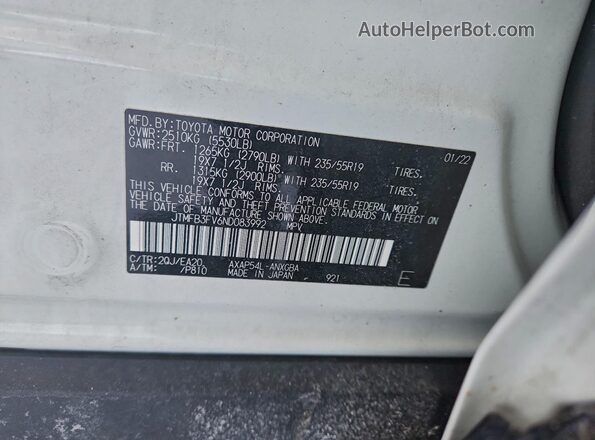 JTMFB3FV6ND083992 2022 TOYOTA RAV4 White Widok naklejki z numerem VIN