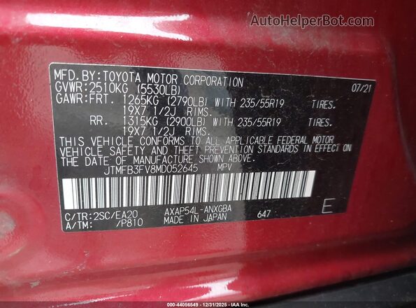 JTMFB3FV8MD052645 2021 TOYOTA RAV4 PRIME Красный Вид подкапотного пространства